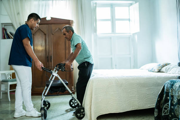 Caregiver providing morning mobility support and encouragement